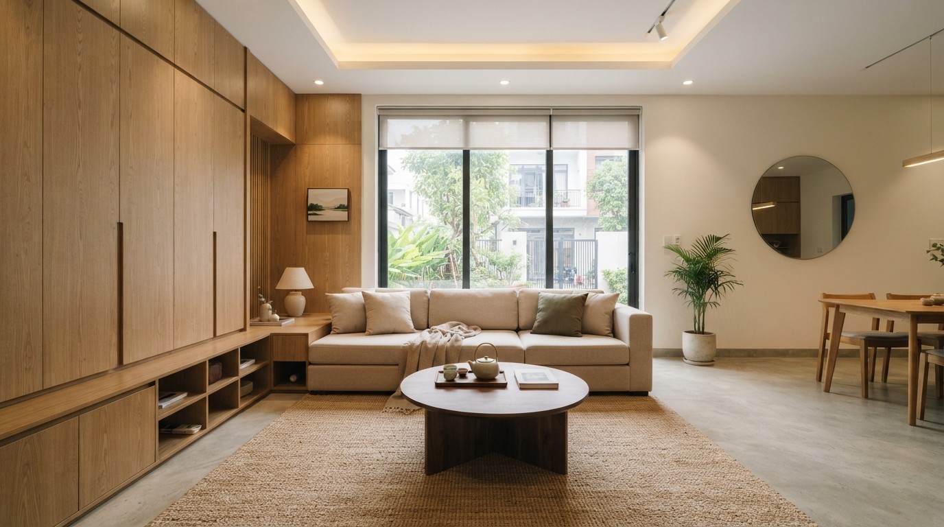 Sophisticated minimalist living room design with smart furniture for a modern apartment. Sophisticated minimalist living room design with smart furniture for a modern apartment.