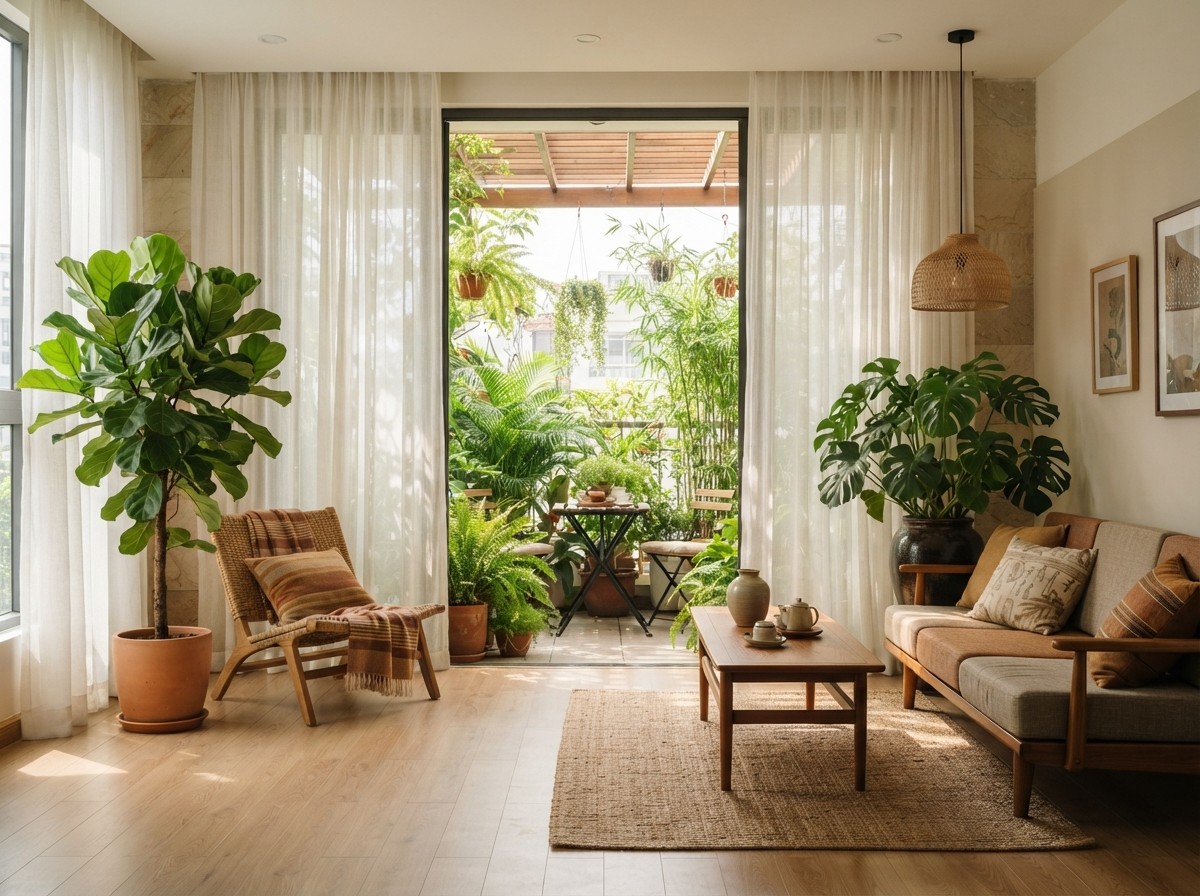 Fresh green living room space connected to a plant-filled balcony in an apartment. Fresh green living room space connected to a plant-filled balcony in an apartment.