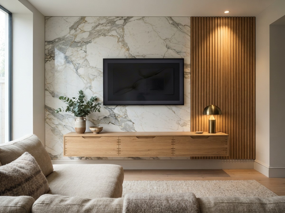 Detail of a natural stone TV feature wall combined with rustic wood shelving and a coffee table in a luxury living room. Detail of a natural stone TV feature wall combined with rustic wood shelving and a coffee table in a luxury living room.