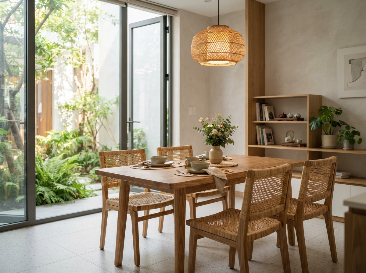 Phòng ăn sử dụng bàn ghế gỗ tự nhiên và mây đan thủ công mộc mạc